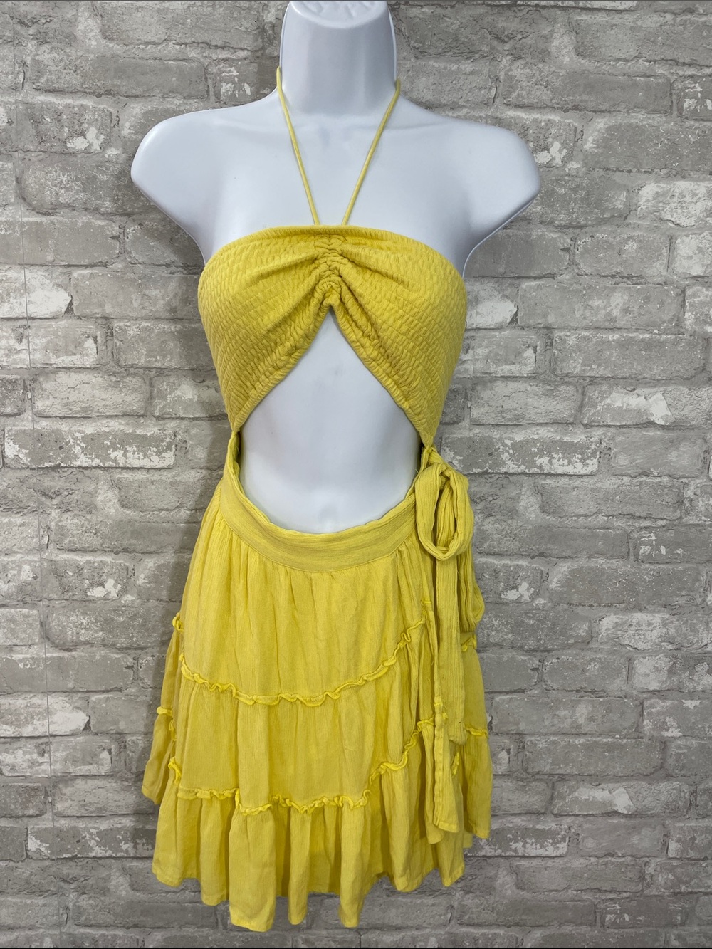 HYFVE Yellow Cutout Halter Tiered Mini Dress